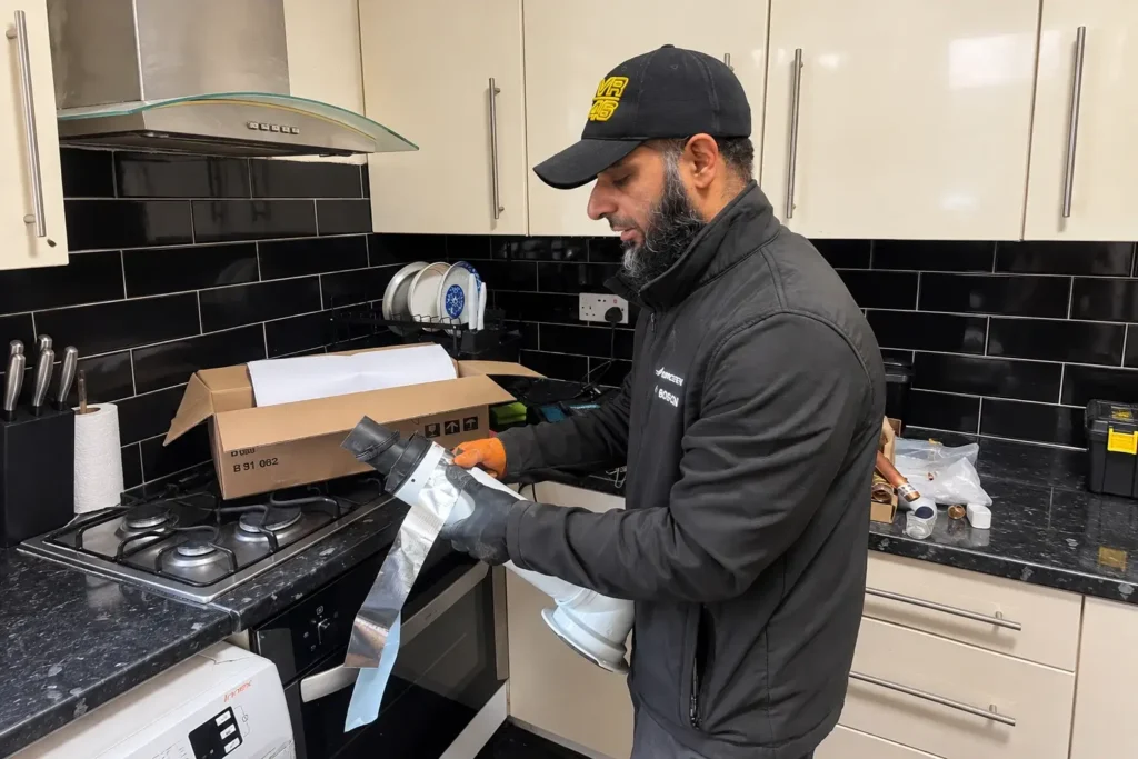 Kitchen-Technician-Inspecting-Taped-Pipe-Component