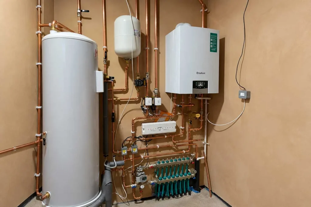 Boiler and hot water cylinder connected to a central heating system