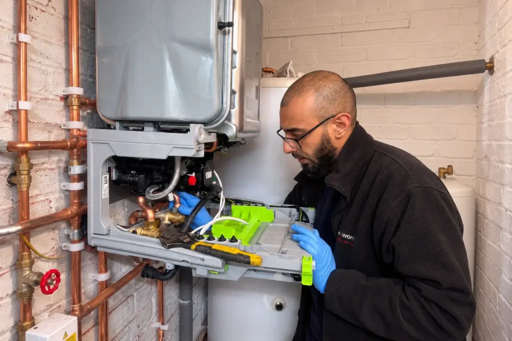 Focused Technician Repairing Boiler
