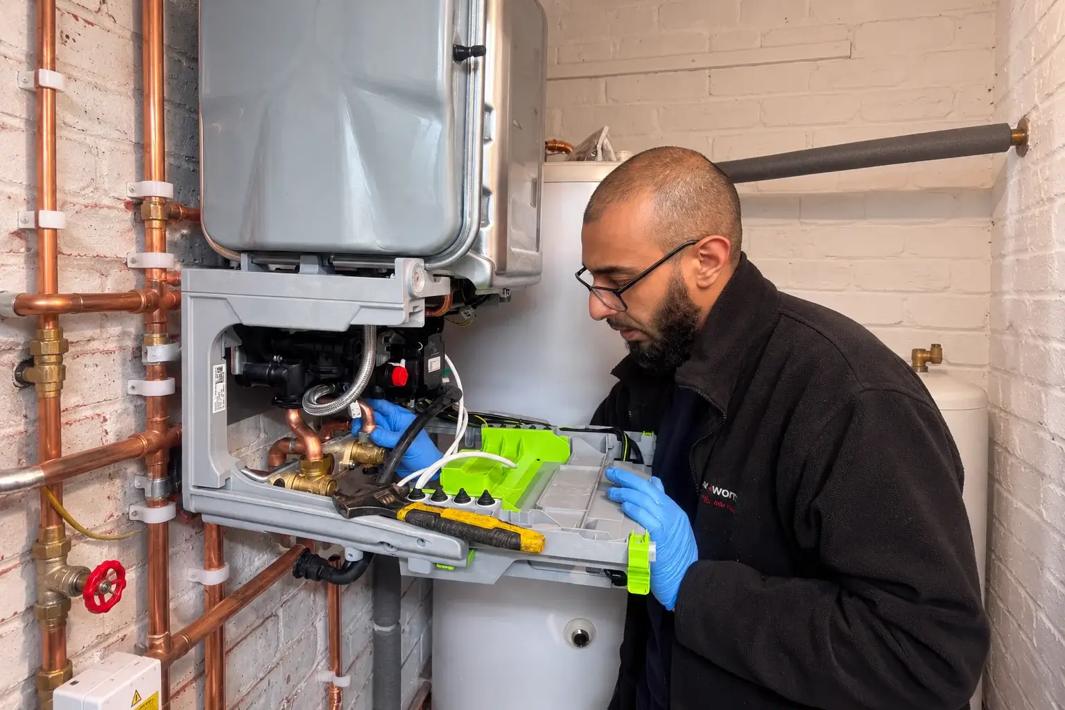 Focused Technician Repairing Boiler