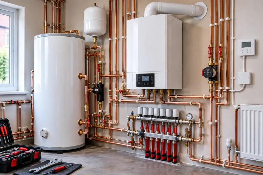 Modern Boiler Room with Copper Piping