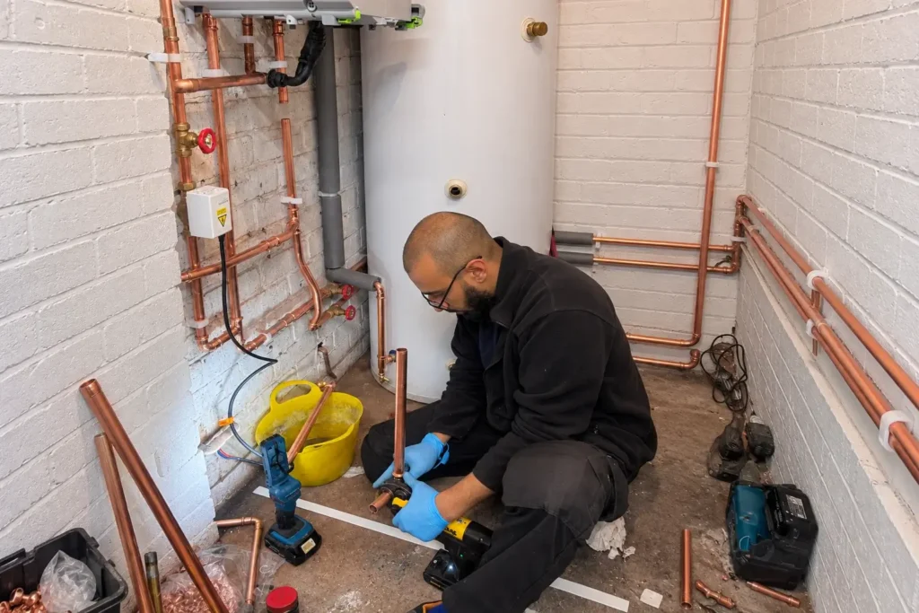 Plumber Repairing Copper Boiler Pipes