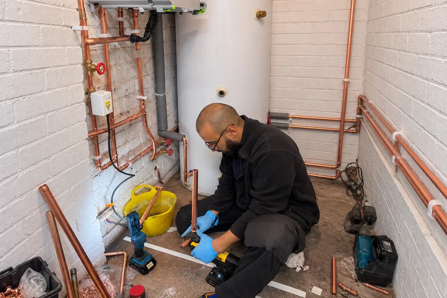 Plumber Repairing Copper Boiler Pipes