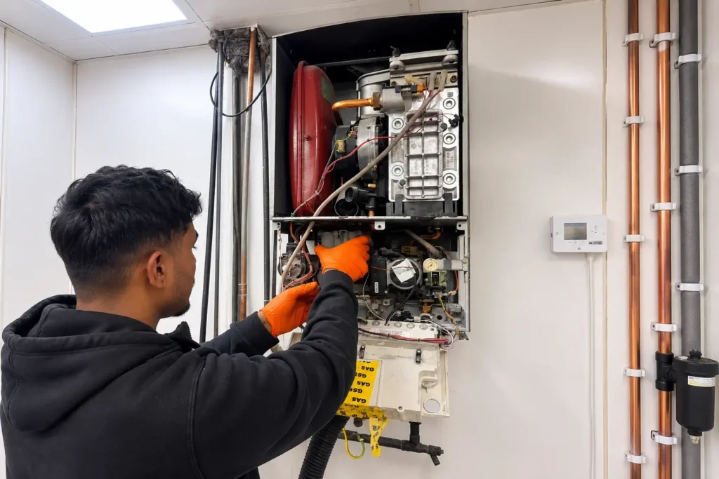 Technician Repairing Wall-Mounted Boiler